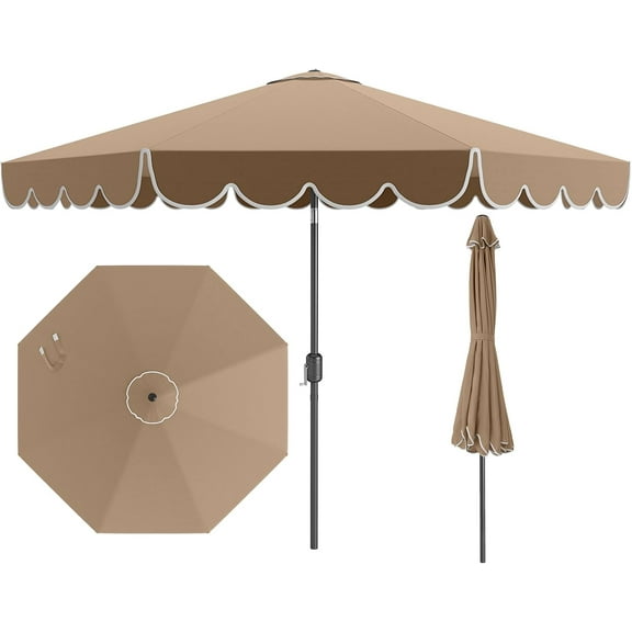 10 FT Patio Umbrella, 2-Tiers Scalloped Outdoor Table Market Umbrella with Tilt Adjustment, Crank, 8 Sturdy Ribs for Pool, Deck, Backyard (Coffee)