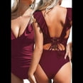 thumbnail image 3 of Traje de Baño de una Pieza con Volantes para Mujer, Escote en V, con Cordones, Vino Tinto, Talla M, 3 of 6
