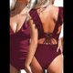 thumbnail image 3 of Traje de Baño de una Pieza con Volantes para Mujer, Escote en V, con Cordones, Vino Tinto, Talla XXL, 3 of 6