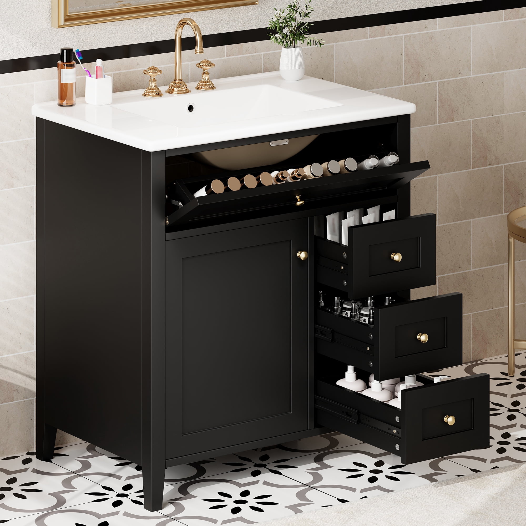 Anpport 30" Freestanding Bathroom Vanity with Sink, Modern MDF & Rubberwood Cabinet, 3 Drawers, Adjustable Shelf & Left‑Side Door, Black