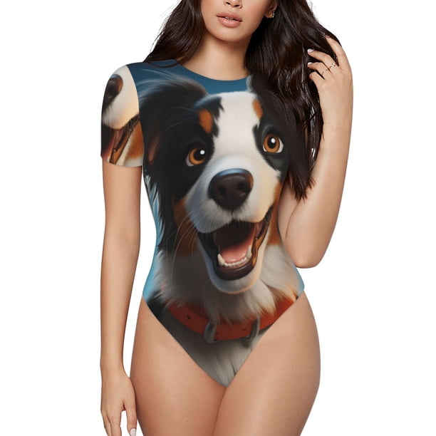 Balery Playful Smile Cute Dog Body de cuello redondo de manga corta para mujer Tops de manga corta Tops básicos-Large