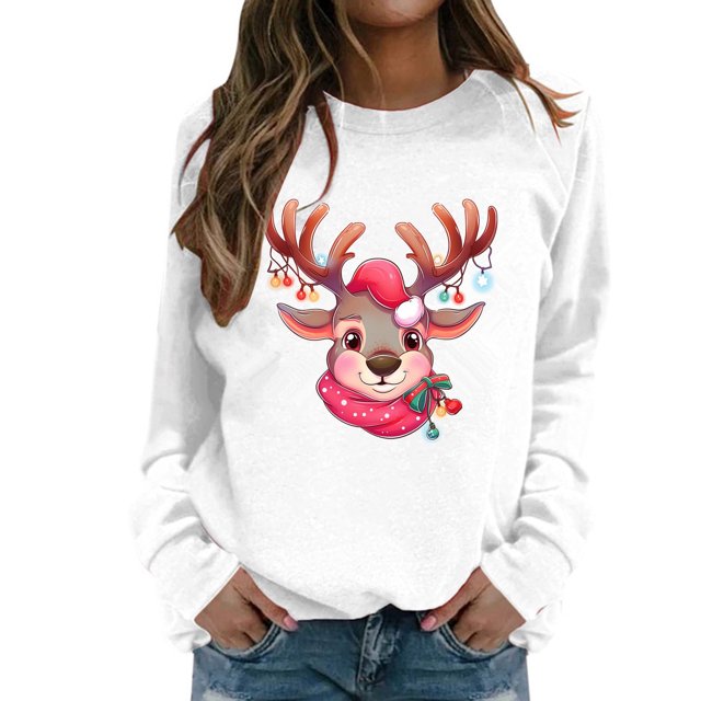 Chandail Imprimé Cerf Automne Hiver pour Femmes Manches Longues Col Rond Sans Capuche Mode de Noël