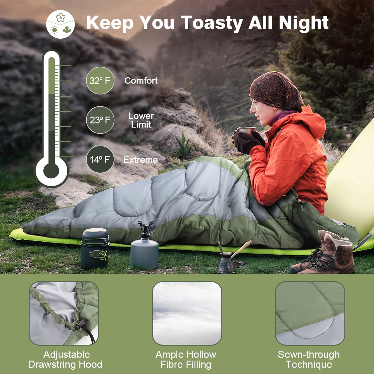 Outdoor Lightweight Adults Sleeping Bags for Traveling Sleepover Camping Backpacking Hiking Festival LANGRIA 3 Seasons Sleeping Bag with 2 Way Zipper /& Compression Bag