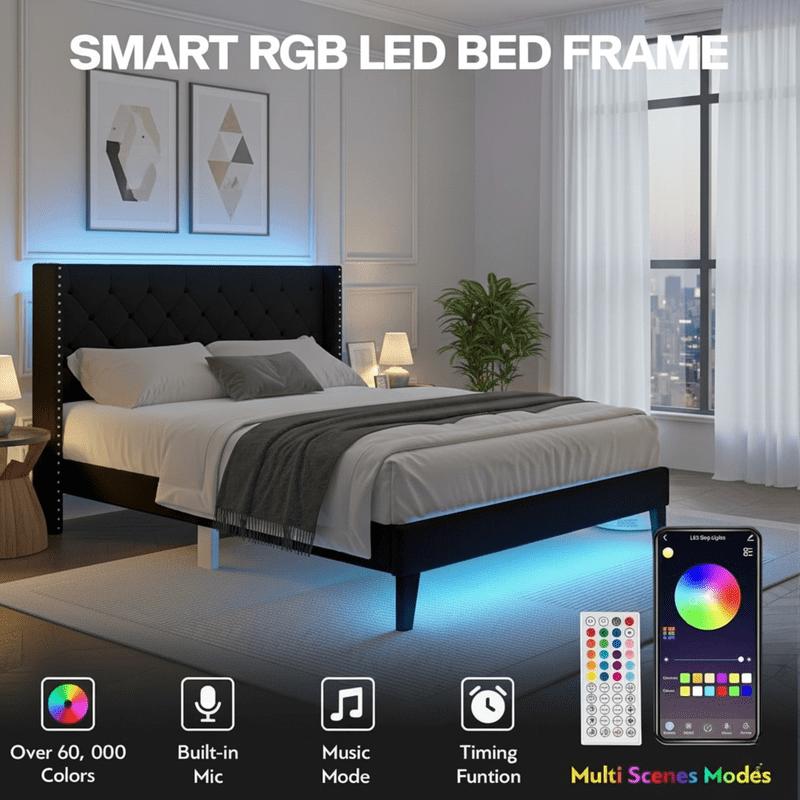 Full Bed Frame with LED Lights, Upholstered Velvet Platform Bed Frames with Button Tufted Wingback Headboard & Footboard - Wooden Slats Support, No Box Spring Needed, Black