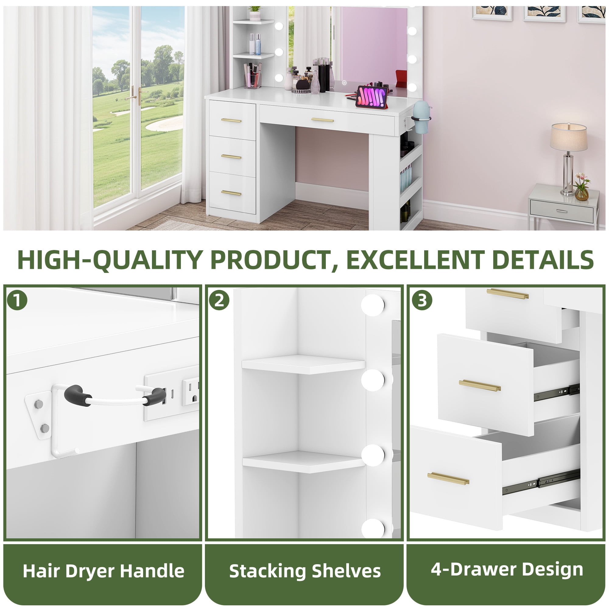 Uforic 40-Inch Makeup Vanity Desk with LED Mirror, Drawers, Shelves, and Power Outlets - White