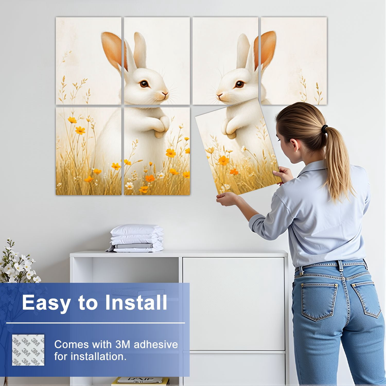 8 Pack Art Acoustic Panels Sound Absorbing Pair White Rabbits Decorative Soundproof Wall Panels Self Adhesive for Nursery Game Room Bedroom 48"x32"