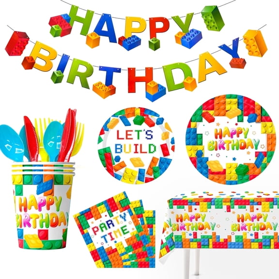 Building Blocks Birthday Party Supplies-133pcs Building Blocks Party Tableware Set-Building Block Party Plates Napkins Tablecloth Banner