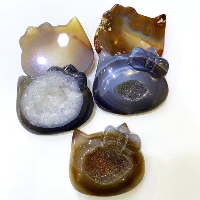 Artesanía de cristal de ágata Natural tallada a mano, estatua de Hello Kitty de ágata geoda Druzy para decorar