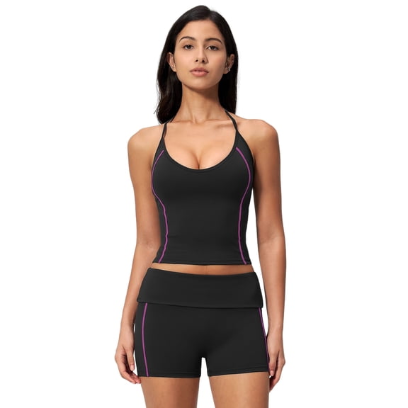 IBTOM CASTLE 2 Piece Workout Sets for Women Shorts Yoga Pilates Outfits Striped Backless Halter Padded Tank Top With High Waist Fold-over Biker Shorts L Black