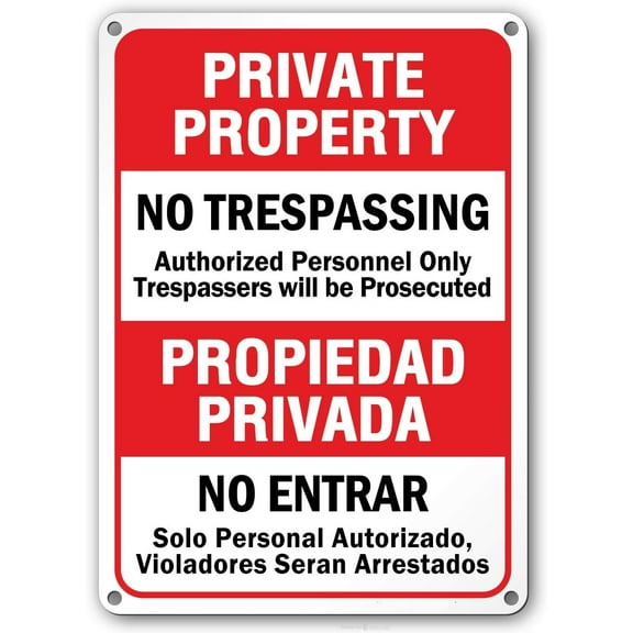 Private Property No Trespassing Sign, Bilingual English/spanish, Violators Will Be Prosecuted, Authorized Personnel Only, Outdoor Rust-free Metal, 12" X 8"
