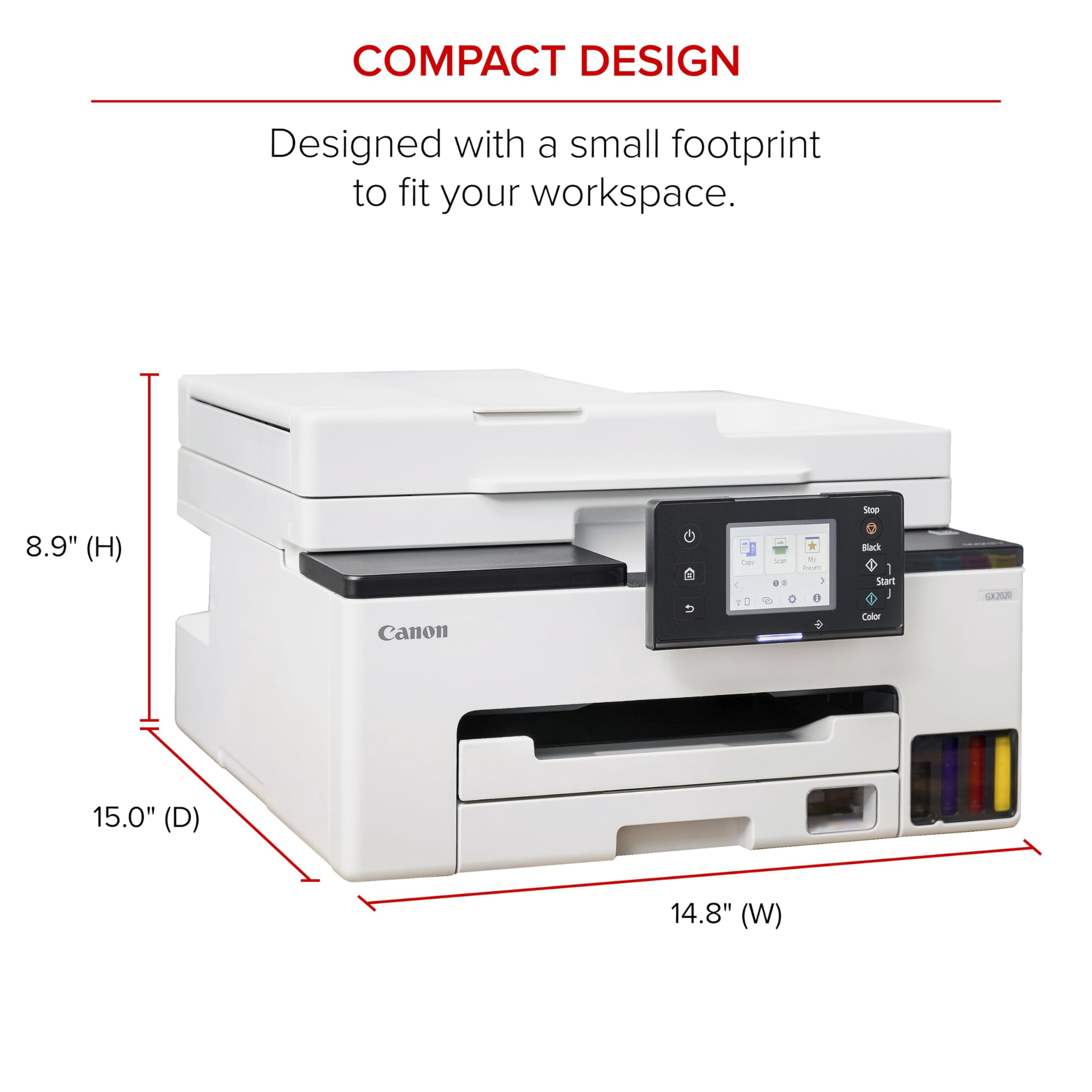 Canon MAXIFY GX2020 MegaTank All-in-One Wireless Color Inkjet Printer Copier Scanner with Duplex Printing Refillable Ink Tank for Home Office