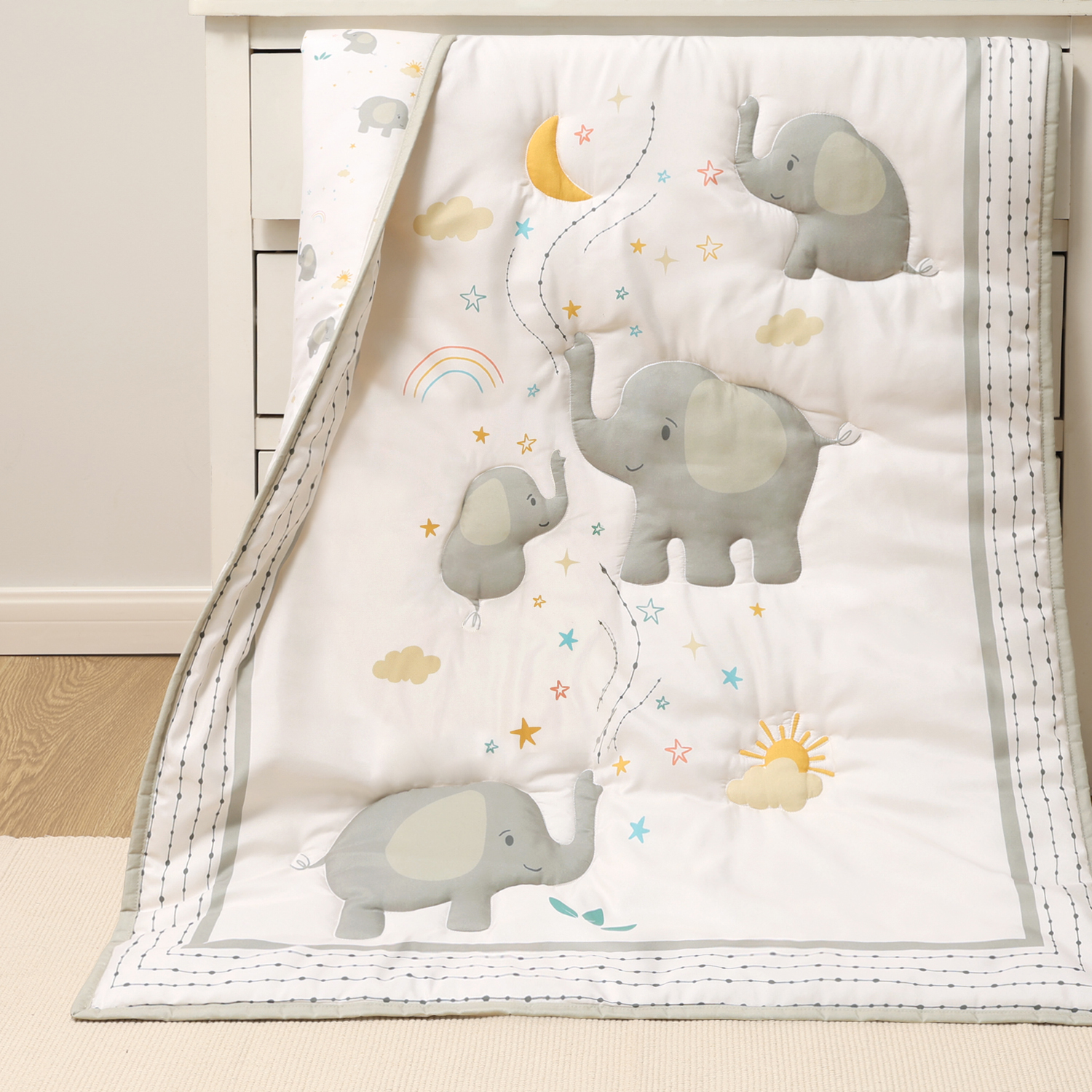 The Peanutshell Elephant Whimsy 3-Piece Baby Crib Bedding Set with Quilt Blanket, Crib Sheet, and Skirt