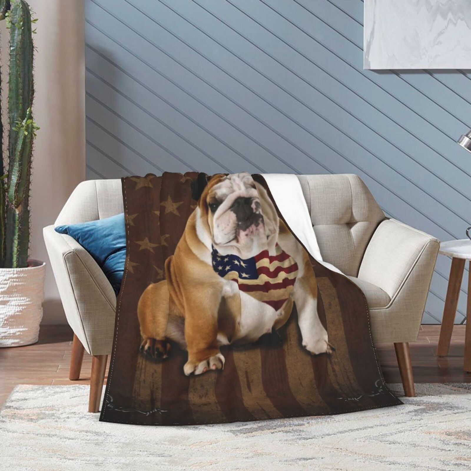 Wijzvio Bulldog Dog With Vintage American Flag Throw Blanket Soft Fuzzy Fleece Blanket For Couch Bed Living Room Decoration 60"X50"