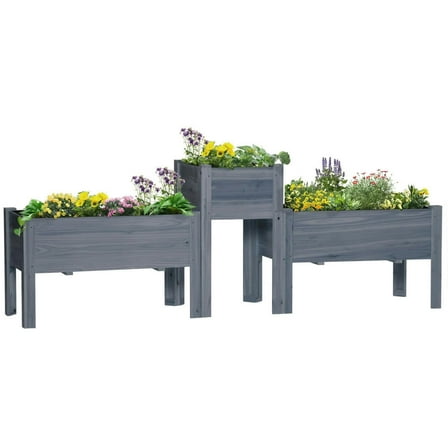 YYAo Raised Garden Bed,Outdoor Planter Box,Raised Garden Bed Set of 3, Elevated Wood Planter Box with Legs and Bed Liner, Gray