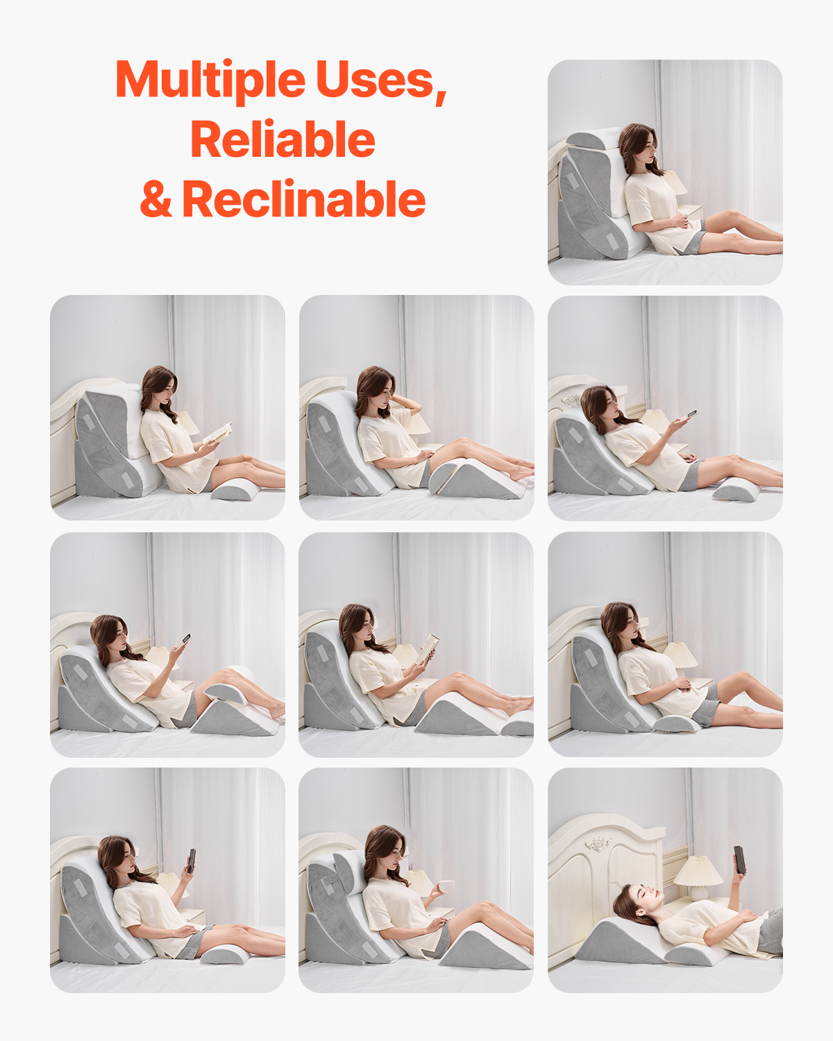 VEVOR Wedge Pillow for Sleeping, 4 Pcs Adjustable Orthopedic Bed Wedge Set, Support Leg Neck Shoulder, Post Surgery Pillow for Back Pain, Acid Reflux, Snoring Relief, Sitting up in Bed, White/Grey
