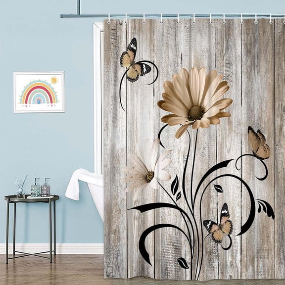 Rustic Farmhouse Floral Shower Curtain,Boho Brown Daisy Flowers Butterfly on Country Wooden Bath Curtains for Bathroom,Fabric Tan Wildflower Farm Bathroom Decor Sets with Hooks,36X72 in