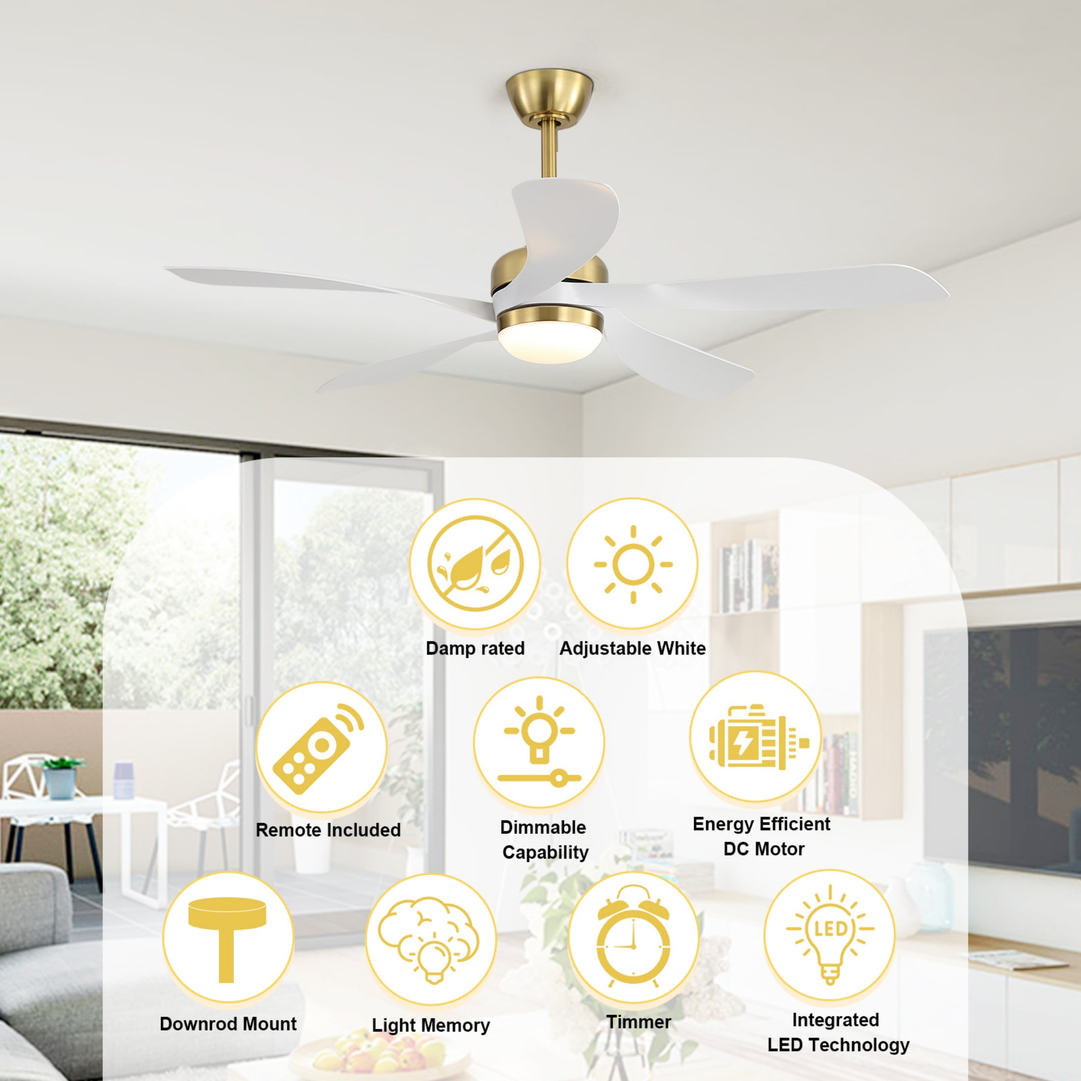 Sofucor 52" Modern Gold Ceiling Fan with Light, 5 White Blades, Quiet DC Motor, 6-Speed Remote Control, Reversible, Dimmable LED, Flush Mount for Bedroom Living Room