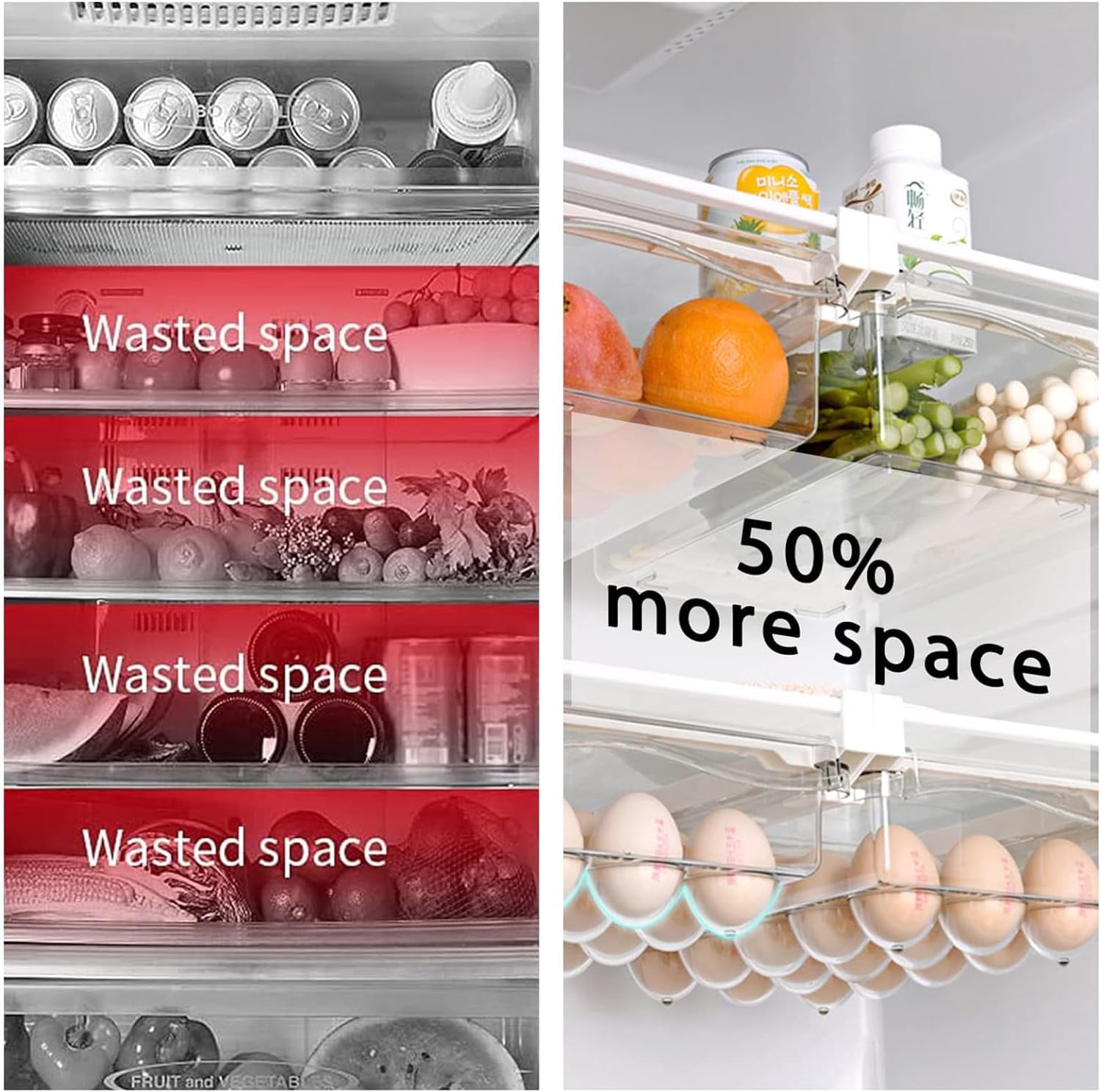 Fridge Drawer Organizer, Adjustable Refrigerator Drawers for Fruit and Vegetable, Pull Out with Handle, Shelf Holder Storage Box, Fit for Fridge Shelf Under 1.1"