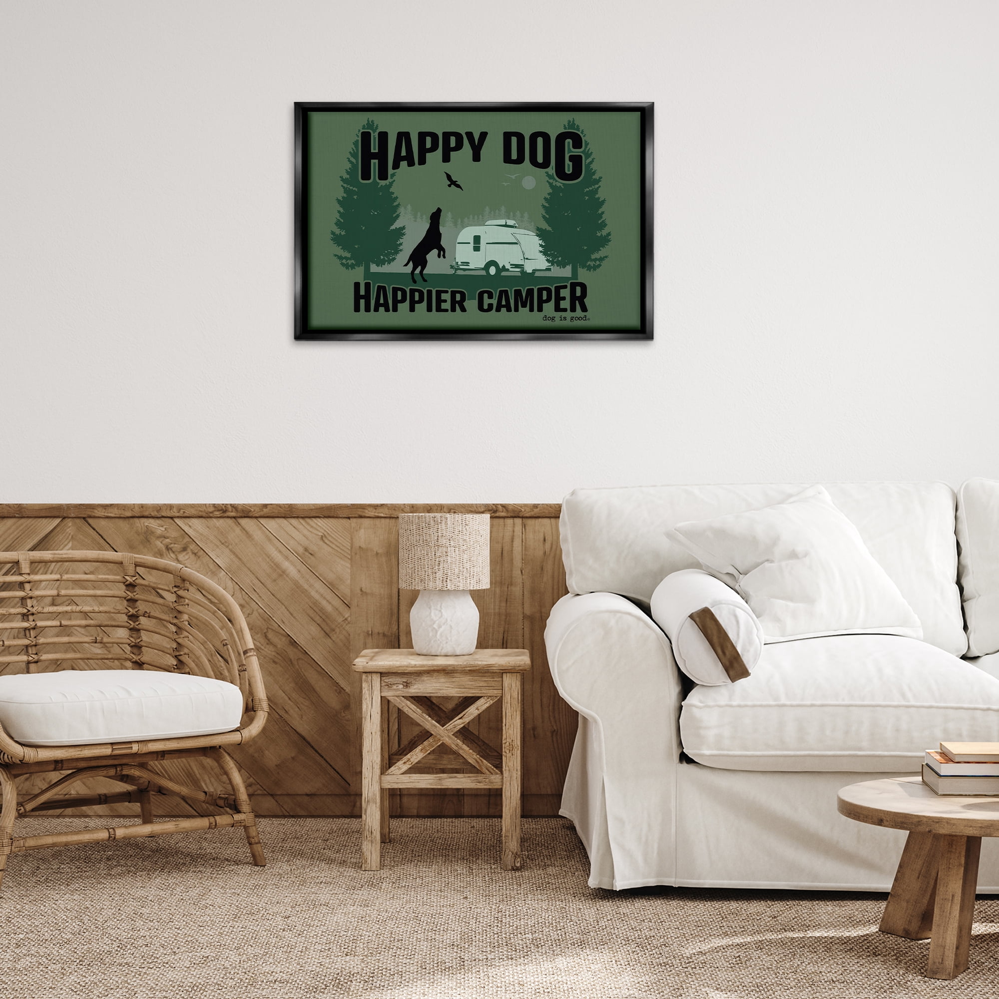 Stupell Industries Happier Camper with Dog Animals Painting Black Floater Framed Canvas Art Print Wall Art, 31 x 21