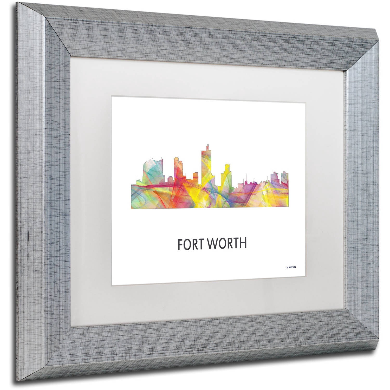 Trademark Fine Art 'Fort Worth Texas Skyline WB-1' Canvas Art by Marlene Watson, White Matte, Silver Frame