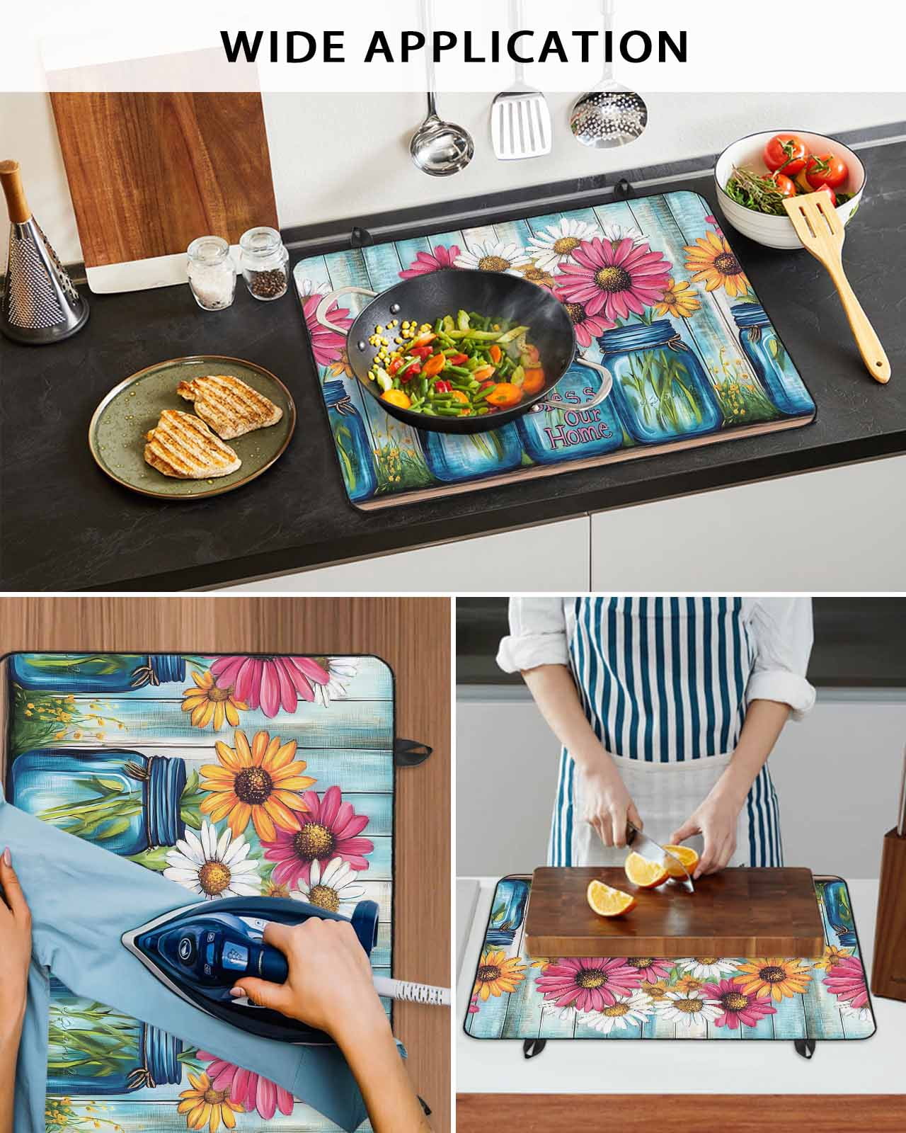 nqOlkjepod Large Induction Cooktop Protector Mat 31"x24", Red White Daisy Stove Top Covers for Electric Stove, Vintage Bottle Teal Wooden Grain Stove Burner Cover Mats, Glass Top Stove Cover