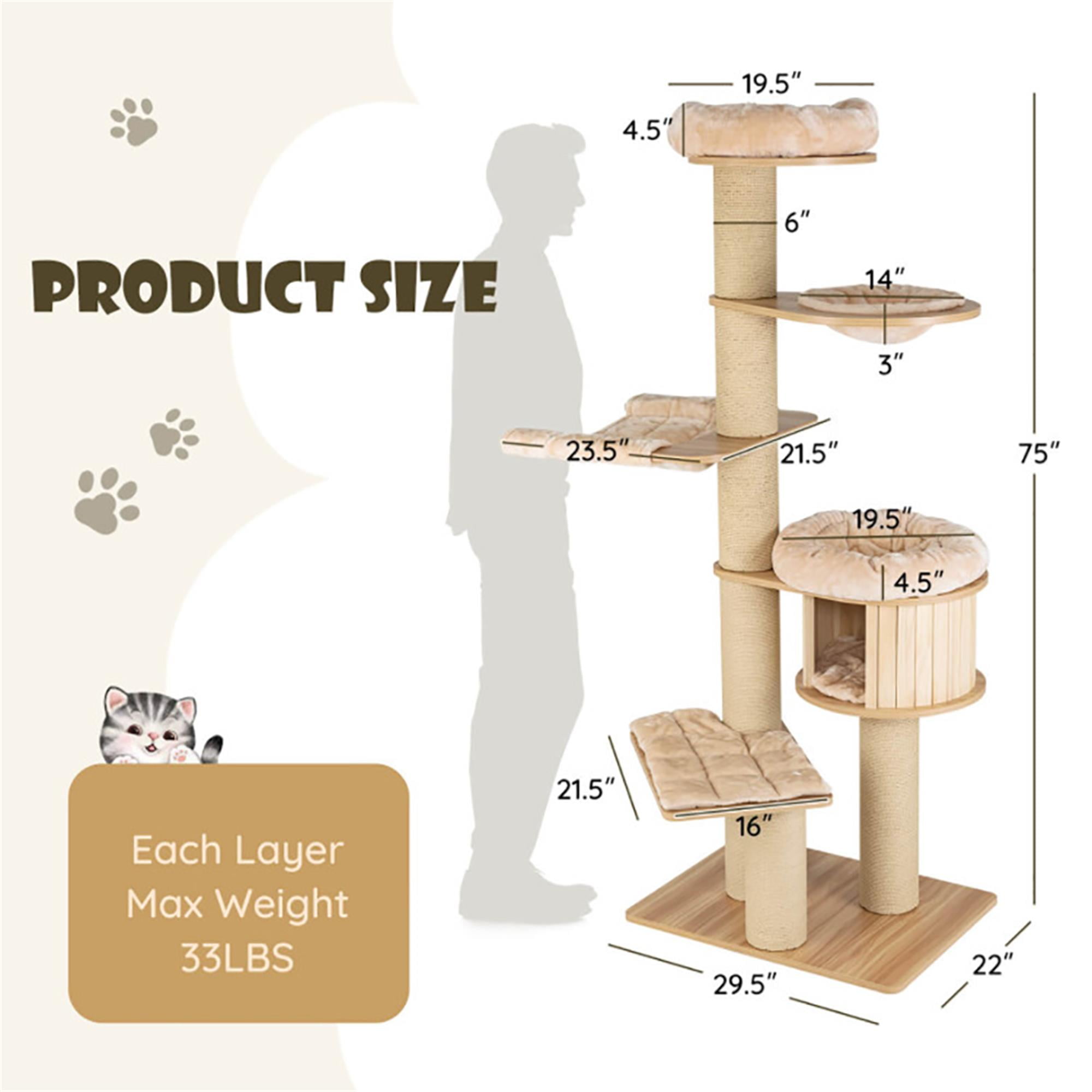 resenkos 75" Wood Cat Tree Tower for Indoor Cats, Multi-Level Cat Condo with Scratching Posts, Perch, Washable Removable Cushions, Cat Furniture, Beige