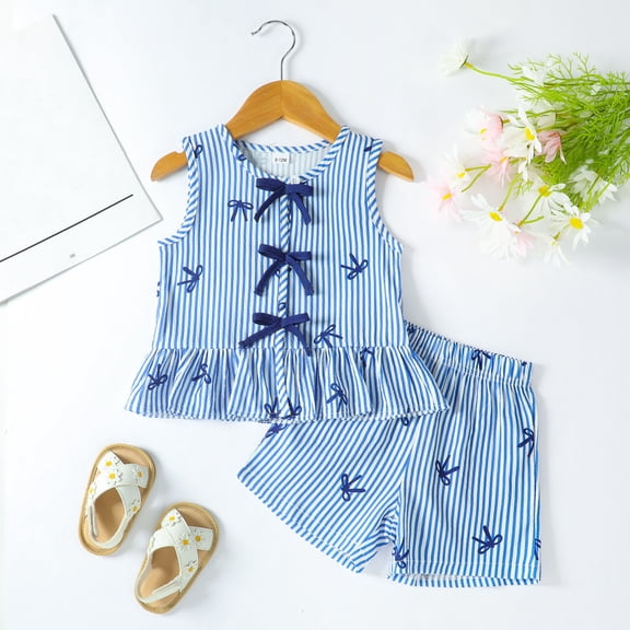 CUZIBR Summer Toddler Baby Girls 2 Piece Sets Sleeveless Striped Prints Cute Bow Crewneck Ruffles Trim Tank Top Blouse Shorts Breathable Stylish Lightweight Outfits,Blue,9-12 Months