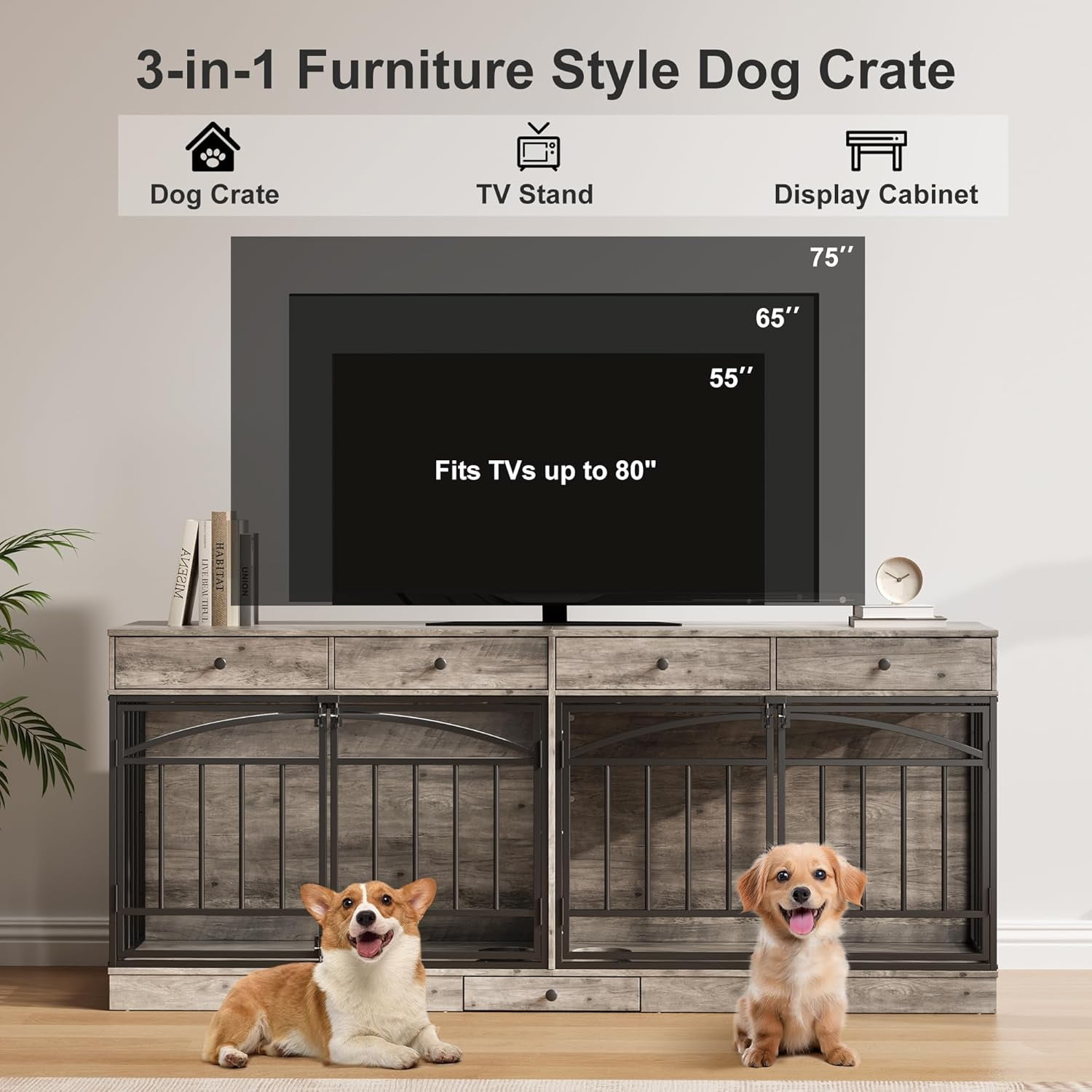 Dog Crate Furniture for 2 Dogs, Dog Kennel Indoor with 4 Storage Drawers and Feeding Bowls, Double Dog Crate TV Stand for Small Medium Dogs, Grey