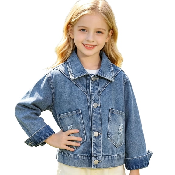 AVRNLIQ Girls Distressed Blue Denim Jacket, Cropped Western Lapel Casual Coat for Kids & Big Girls 2-12Y,Size 2 T