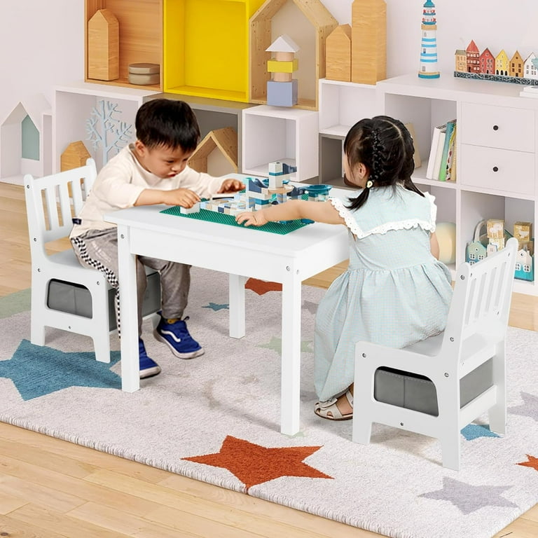 Kinder King Kids Wood Table 2 Chairs Set 3 in 1 Kids Construction Play Table Toddler Activity Table w Storage Space Building Block Table for Child Art Crafts Reading Playing Grey Walmart
