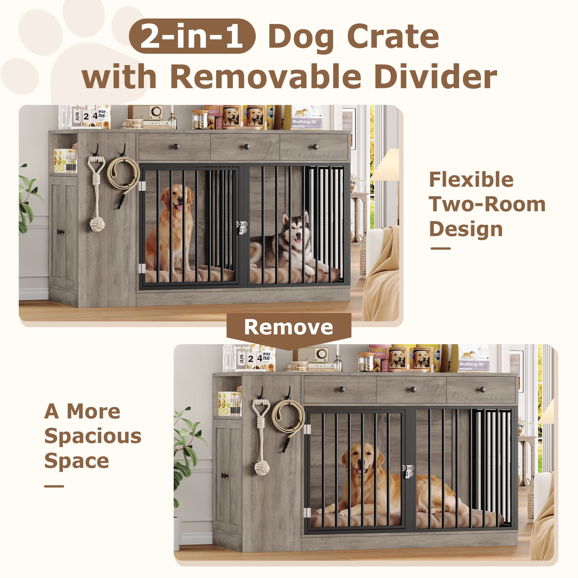 Homfa 59'' Large Double Dog Crate Furniture with 3 Drawers and Side Cabinet & Shelf, Indoor Wooden Dog Kennel with Removable Divider for 2 Medium or Large Dogs, Gray
