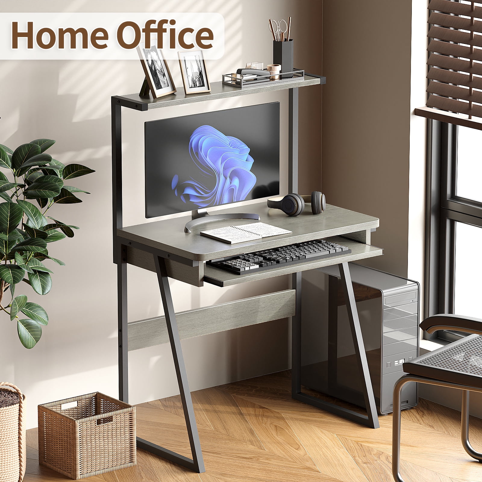 MIN EN WIN 2 Tiers Small Computer Desk for Small Space, Compact Laptop Table Workstation with Keyboard Tray, Study PC Table for Home Office,Gray Oak