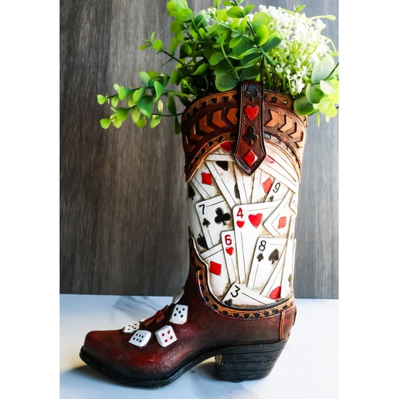 Rustic Western Gambler Casino Poker Cards Dice Cowboy Boot Vase Planter Figurine