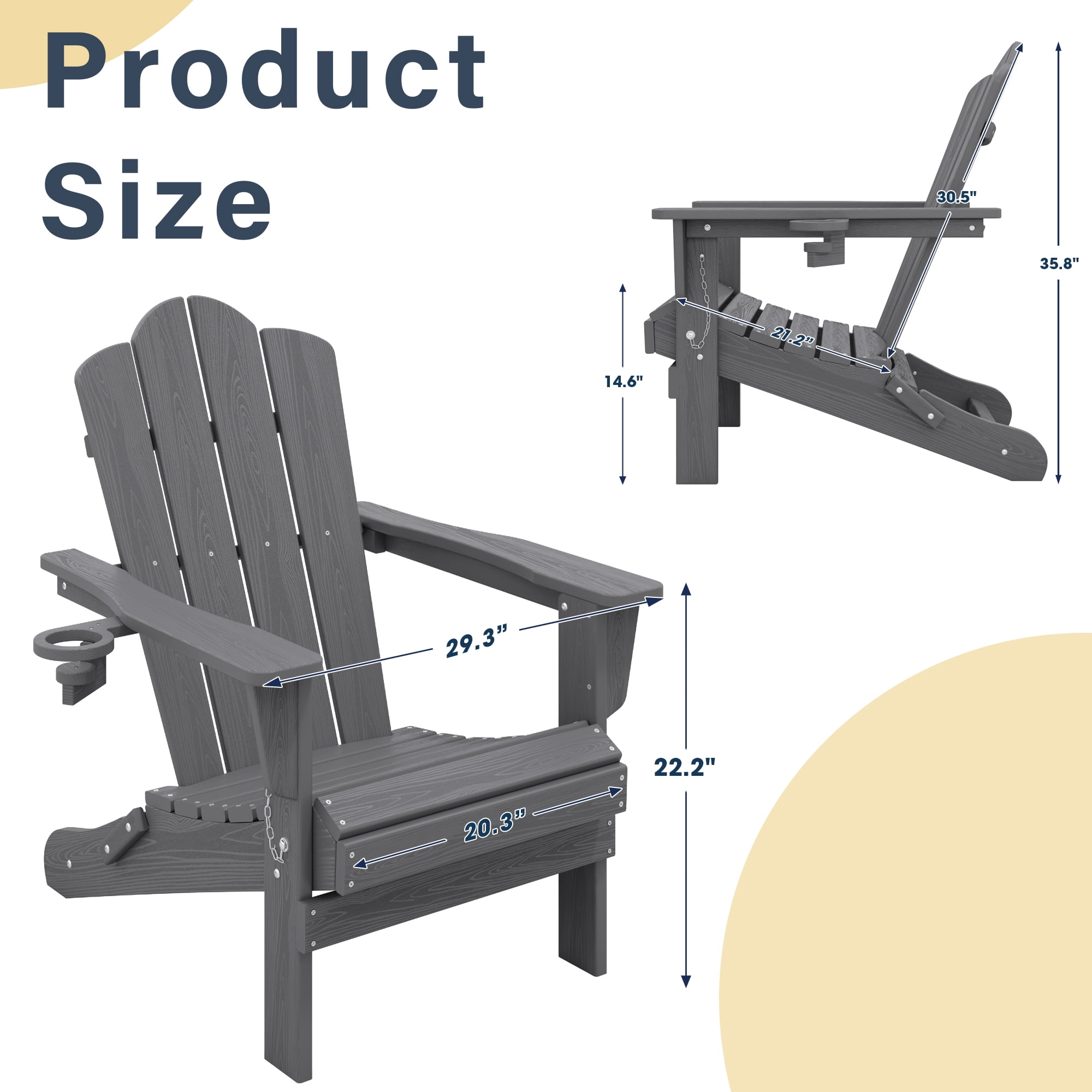 KINGYES Outdoor Folding Adirondack Chair, HDPE All-Weather Patio Fir Pit Chairs, Gray