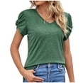 thumbnail image 2 of Fesfesfes Green Crewneck Women's Solid V-Neck Loose Twisted Short Sleeve T-shirt Top 4(S), 2 of 6