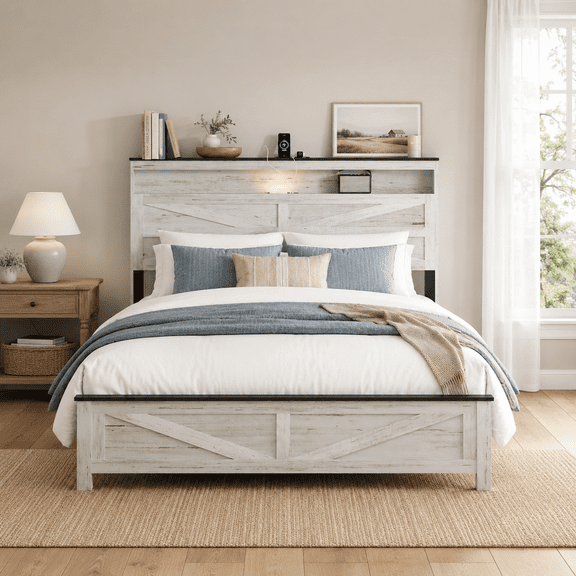 Queen Size Bed Frame with Headboard, Rustic Farmhouse Wooden Bed Frame with LED Lights and Charging Station, No Box Spring Needed, Easy Assembly (White, Queen)