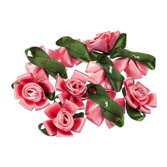 Uxcell Mini Satin Ribbon Roses Small Rosettes Fabric Flowers with Green Leaves Rose Red 30 Pcs