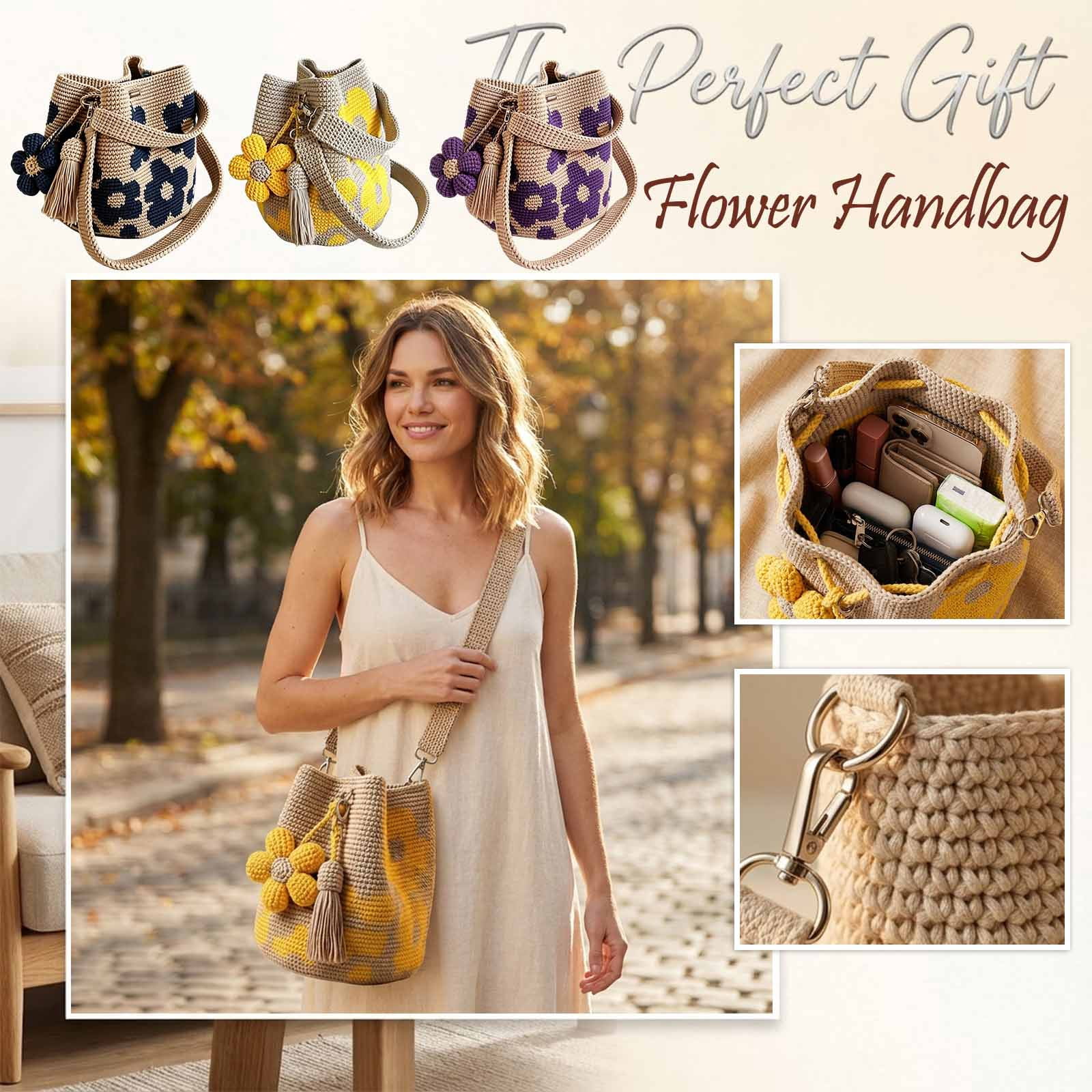 Women's Crochet Purse Handbag, Handmade Floral Woven Shoulder Crossbody Bag, Boho Crochet Tote for Beach Vacation Daily Commute