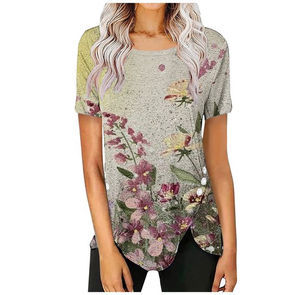 Rollbacks & More GaThRRgYP Plus Size Tops for Women,Womens Shirts under $5,Women's Summer Fashion Casual Round-Neck Printed T-Shirts Short Sleeve Comfortable Female Blouse Tops