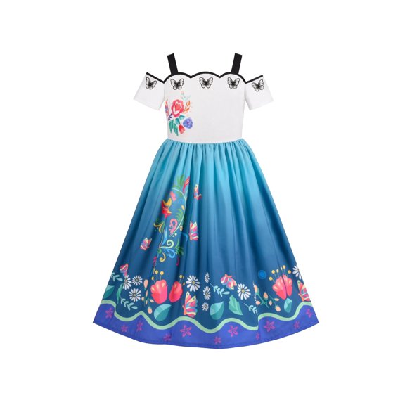 Girls Dress Scallop Trim Off Shoulder Floral Embroidery Butterfly Ocean 4 Years