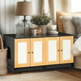 thumbnail image 3 of 47" Double Cat Litter Box Enclosure Furniture, Extra Large Hidden Litter Box Enclosure for 2 Cats with Rattan & Sisal Scratching Doors, Slide-Out Tray on Wheels, P2 Particle Board Washroom Cabinet, 3 of 14