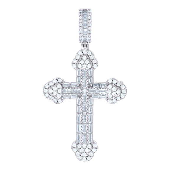 925 Sterling Silver Mens Baguette Round Cubic Zirconia Cross Religious Charm Pendant 53.7x28.4mm Wide Necklace for Men