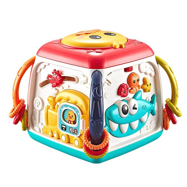 Bewildely Cubo de actividad divertido para bebés, juguetes de bloques geométricos, caja Musical para bebés, juguete de tambor de mano para Juguetes Educativos Rojo