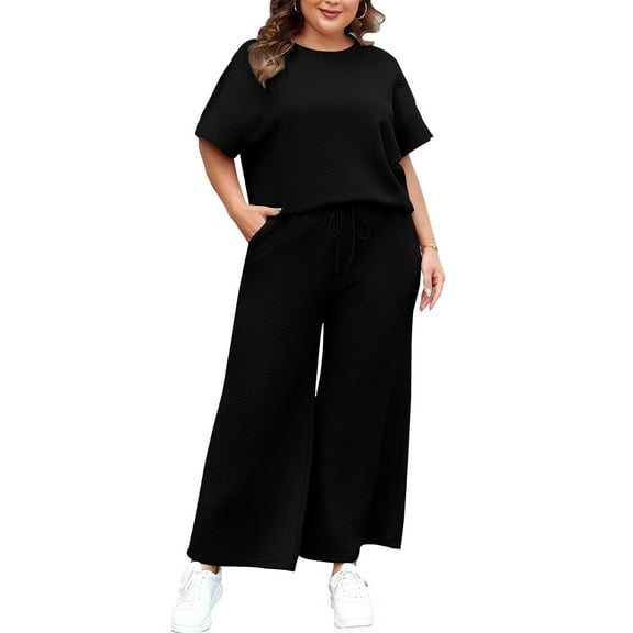 SHEWIN Women's Plus Size Outfits Sets 2 Piece Crew Neck Short Sleeve Sweatsuit Summer Outfits for Women 2025
