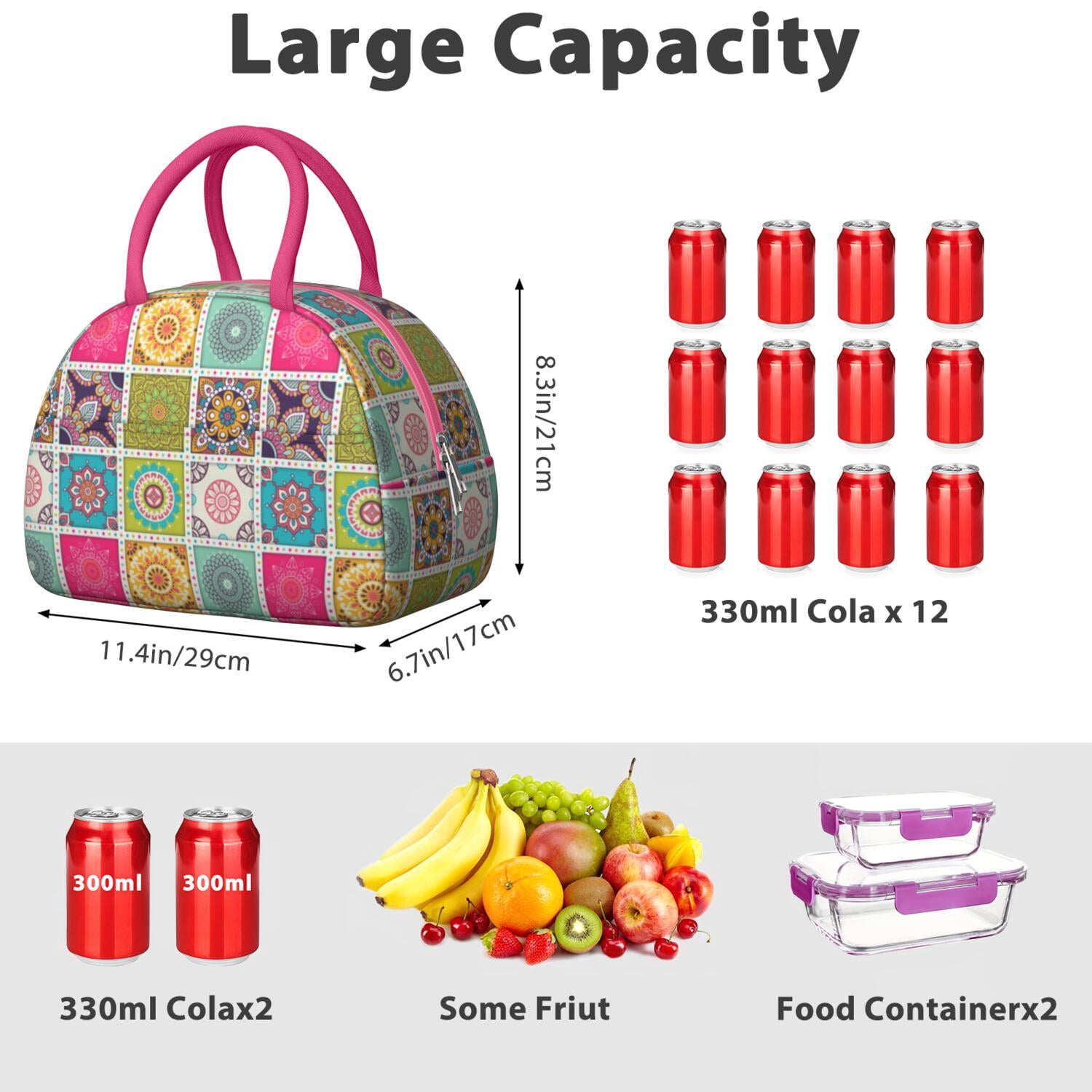 Boho Floral Lunch Bag for Women, Insulated Vintage Lunch Tote with Earthy Tribal Folk Style, Colorful Leakproof Lunch Box for Work, School or Travel