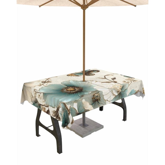 Hokiten Outdoor Tablecloths with Umbrella Hole & Zipper, Turquoise Flowers Tablecloth Rectangle 60x84 Inch, Vintage Farmhouse Spring Butterfly Waterproof Table Cloth, Patio/Pool/Picnic Table Covers