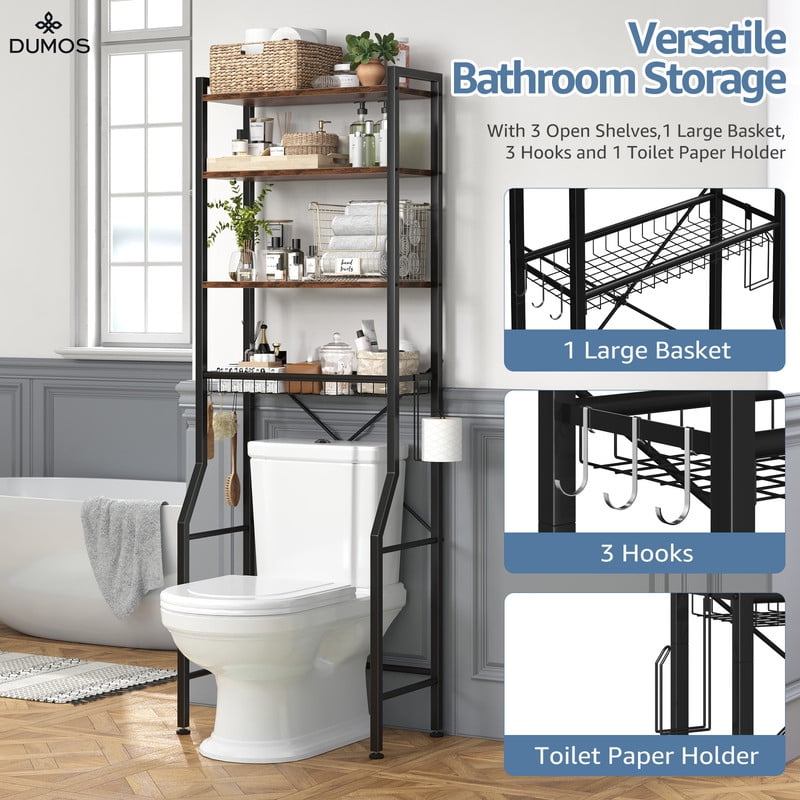 Gianna Over Toilet Bathroom Organizer, 4-Tier Adjustable Storage Rack, Space-Saving Shelf for Tight Areas, Brown