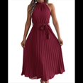 thumbnail image 1 of Vestido de Cóctel Midi Plisado con Cuello Halter, Sin Mangas y Corte en A para Mujer, para Playa y Sol (Verano 2025) Vino Tinto M, 1 of 10