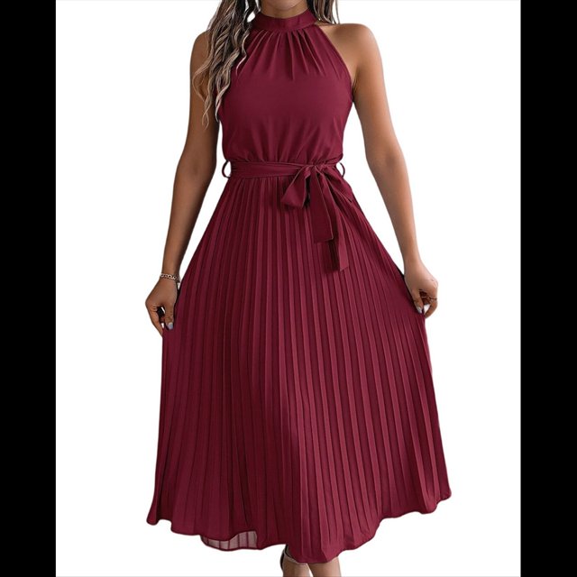 Vestido de Cóctel Midi Plisado con Cuello Halter, Sin Mangas y Corte en A para Mujer, para Playa y Sol (Verano 2025) Vino Tinto M