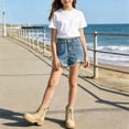 thumbnail image 6 of QIUOMBBP Girls High Waist Distressed Denim Short Frayed Hem A-Line Shorts with Pockets Fashion Summer Shorts Blue 9-10Years, 6 of 6